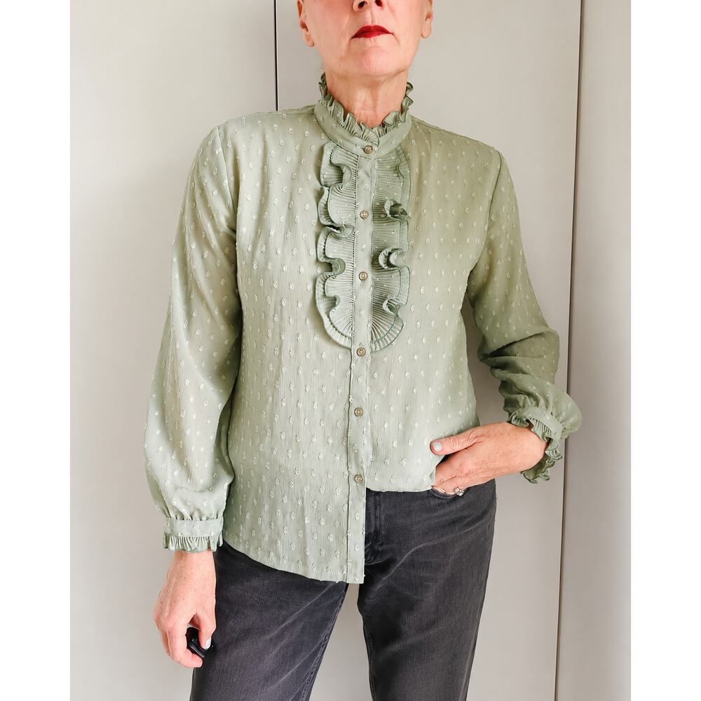 Vintage Womens Ruffles Blouse Green Size M Tailored Casual Ethereal